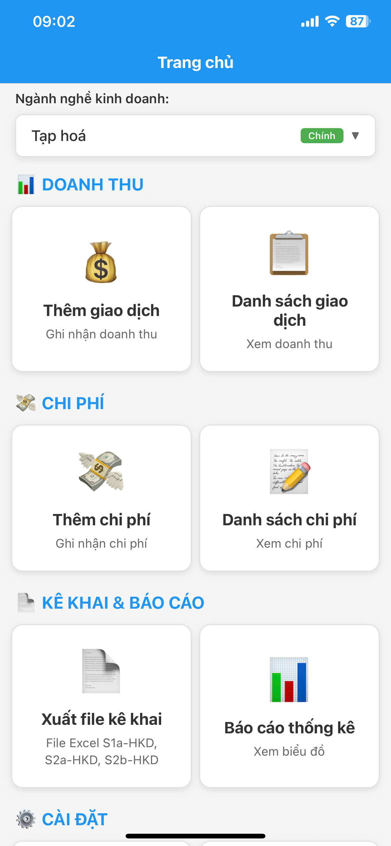 Màn hình ứng dụng Kê Khai Doanh Thu