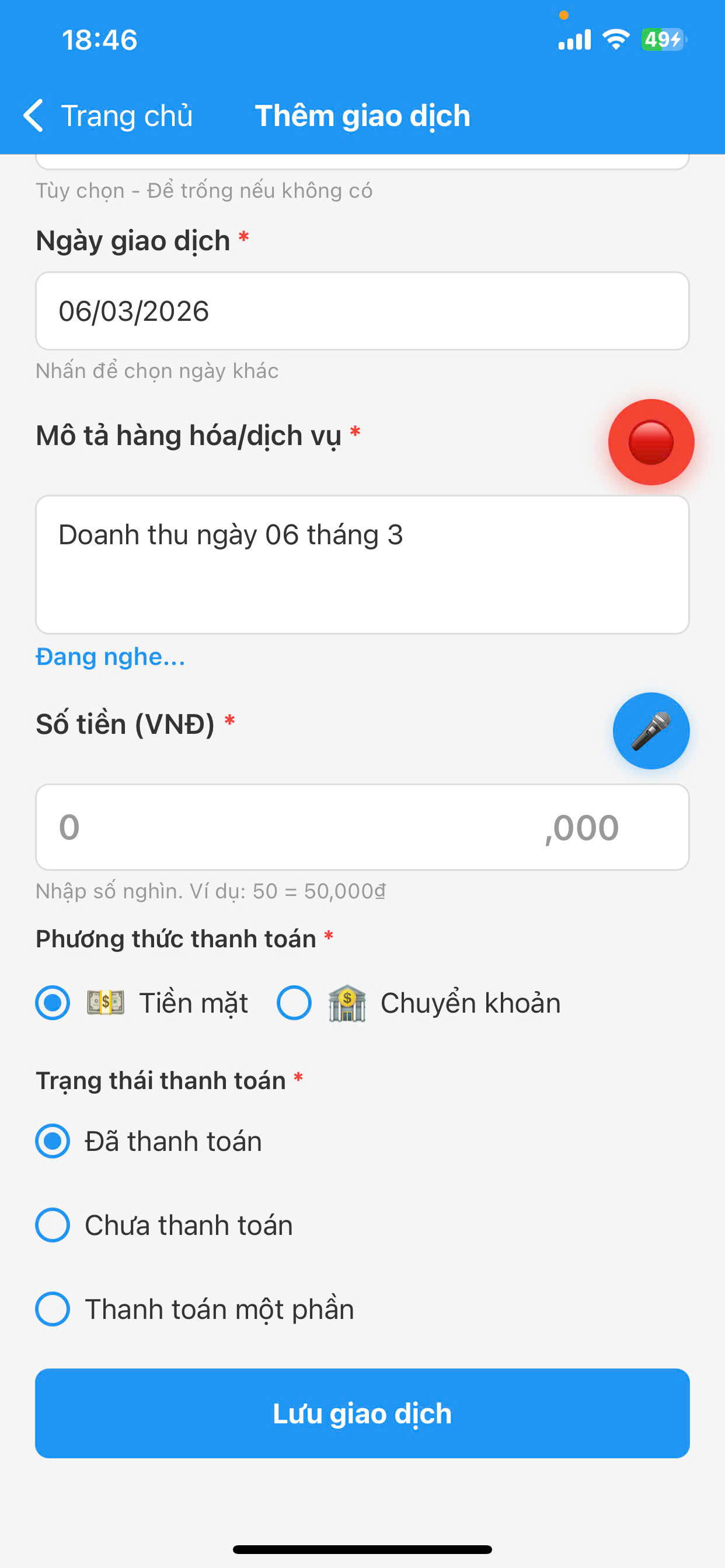 Tính năng nhập giọng nói