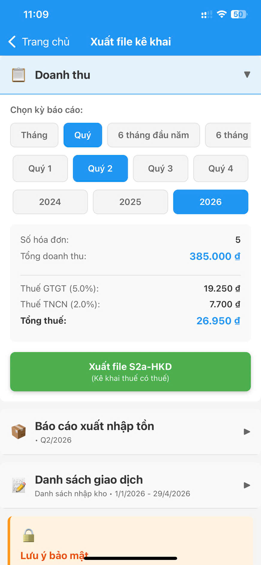 Màn hình xuất file kê khai thuế