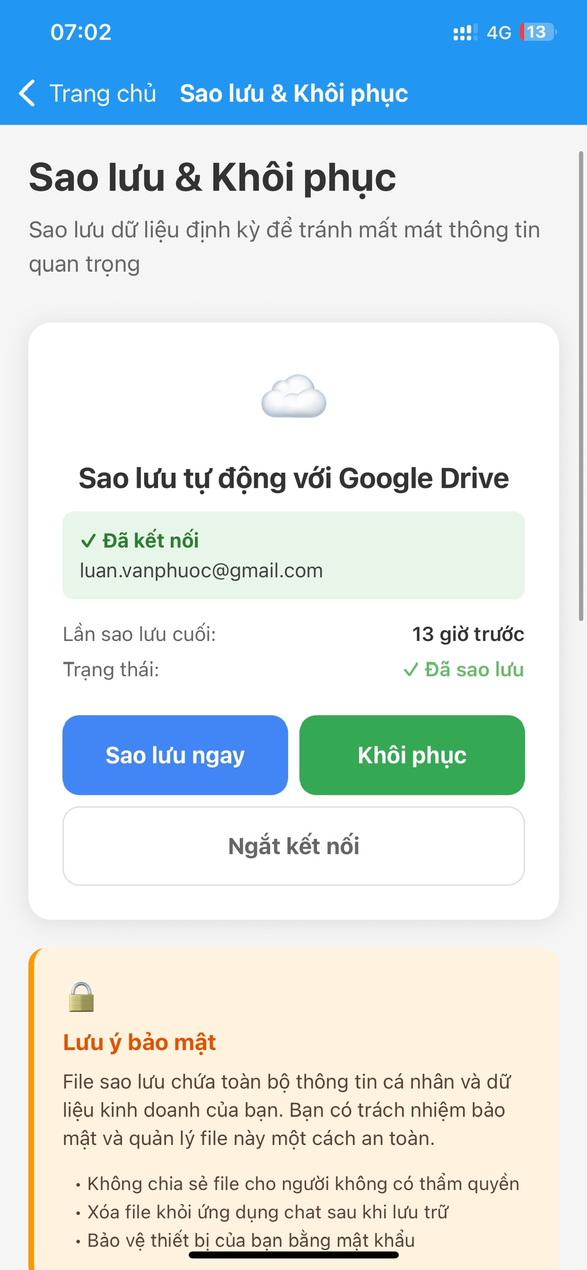 Tính năng sao lưu Google Drive